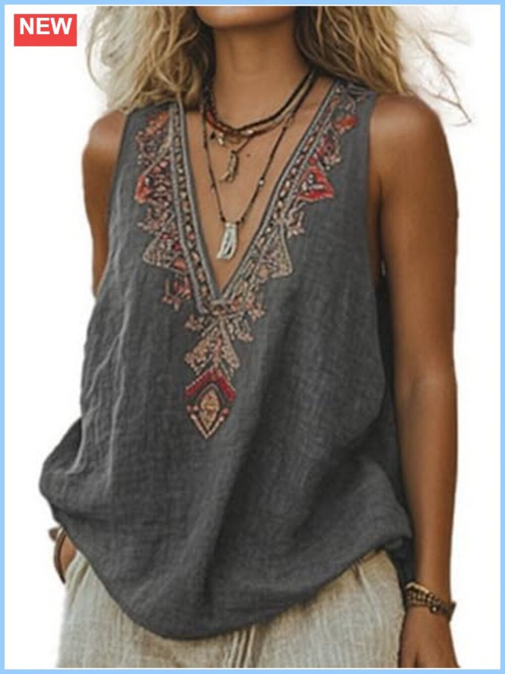 Sleeveless Embroidered Boho V Neck Linen Peasant Tank Top